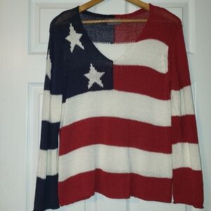 Wooden Ships V-Neck Knit Sweater in Red, White & Blue